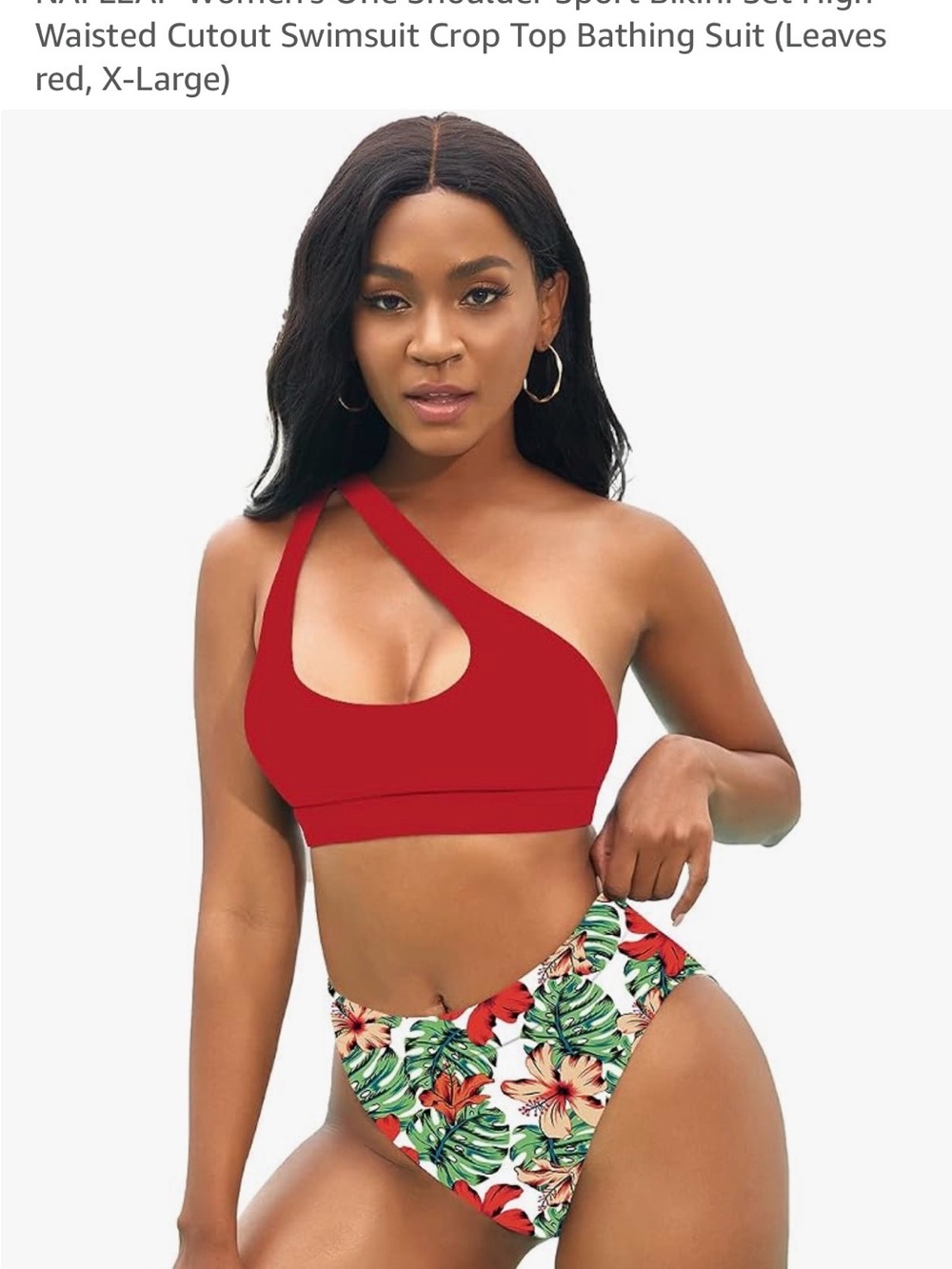 One-Shoulder Red Bikini Top with Tropical High-Waist Bottom
